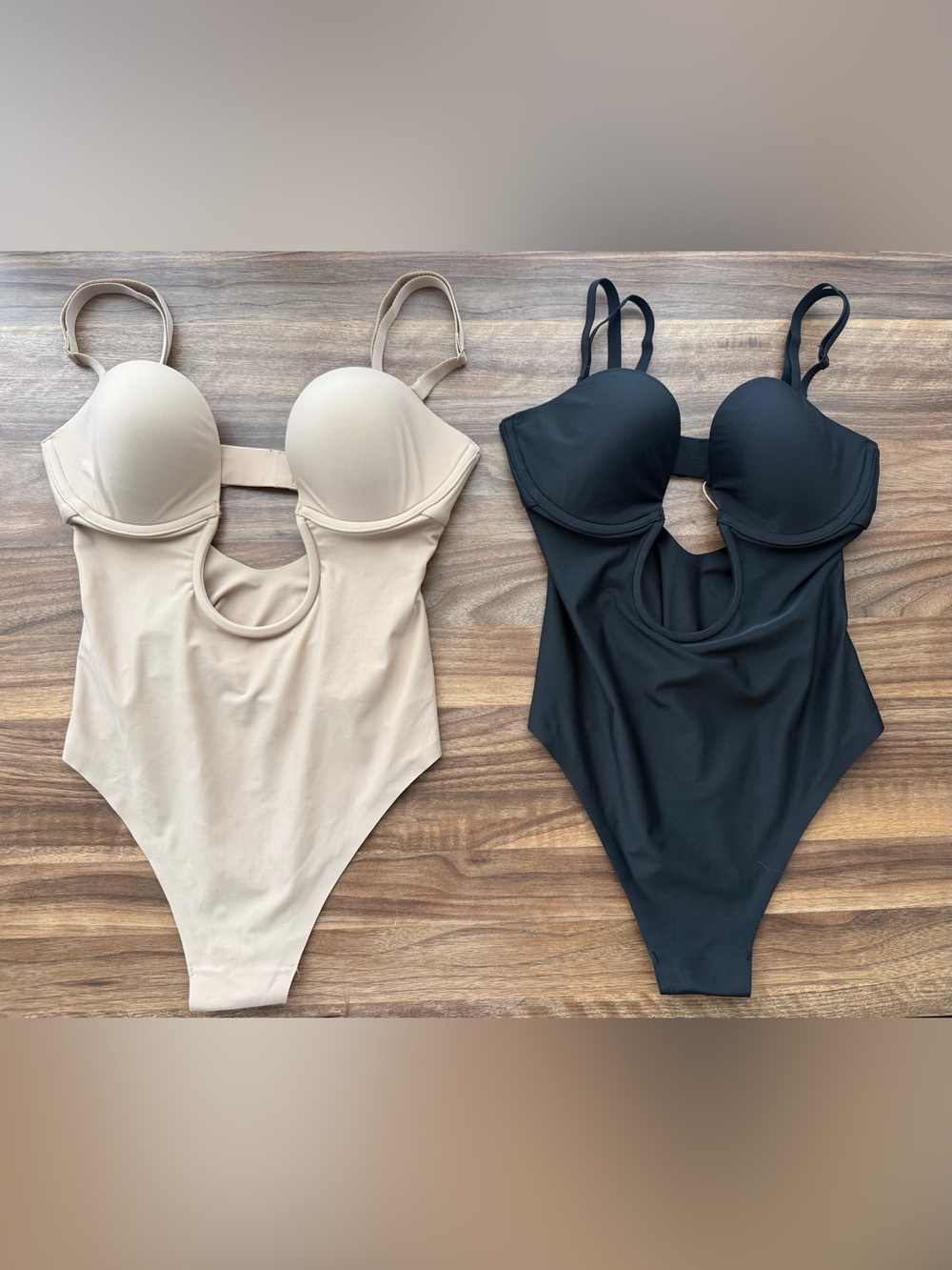 SKIMS Plunge Neckline Removable Straps Thong Shapewear Bodysuit Black & Nude Set